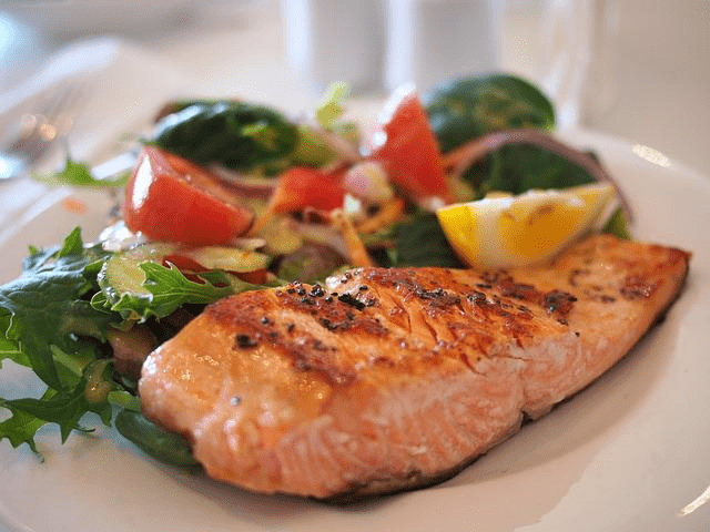 salmon with veg on plate