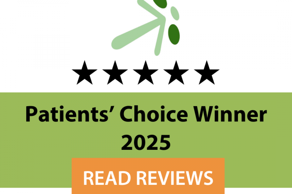 Patients’ Choice Winner 2025 badge with five black stars, a green abstract person logo at the top, and an orange 'Read Reviews' button at the bottom.