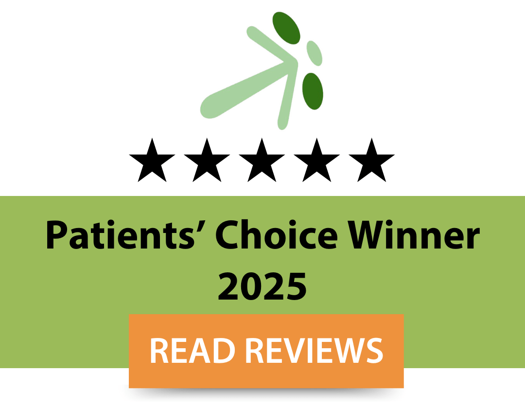 Patients’ Choice Winner 2025 badge with five black stars, a green abstract person logo at the top, and an orange 'Read Reviews' button at the bottom.
